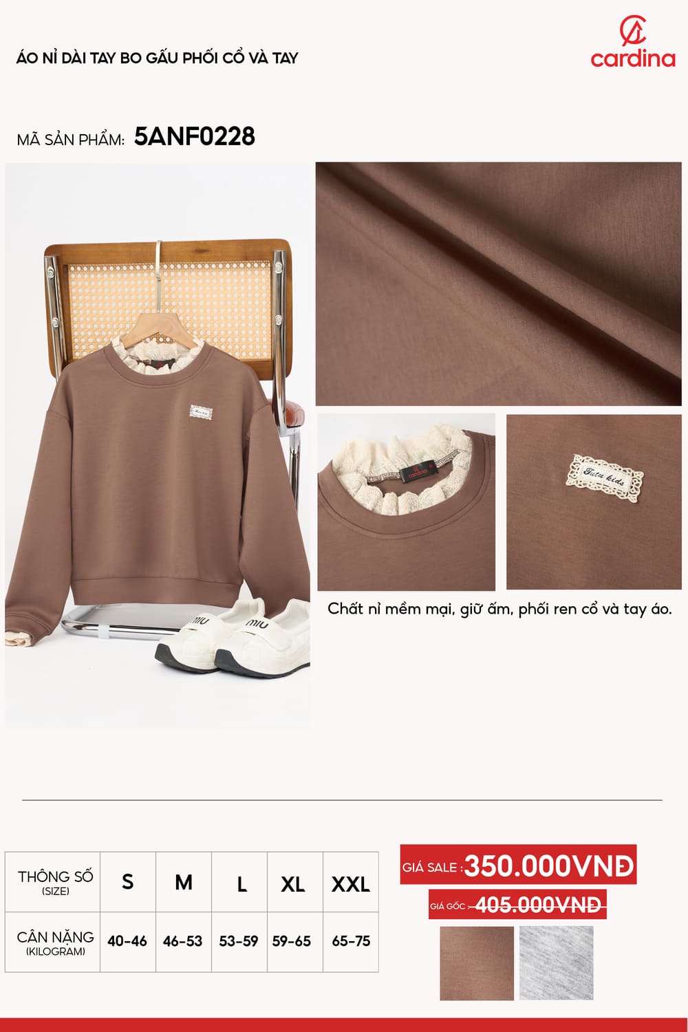 Áo nỉ nữ vải mềm dáng suông dài tay phối ren cổ và tay