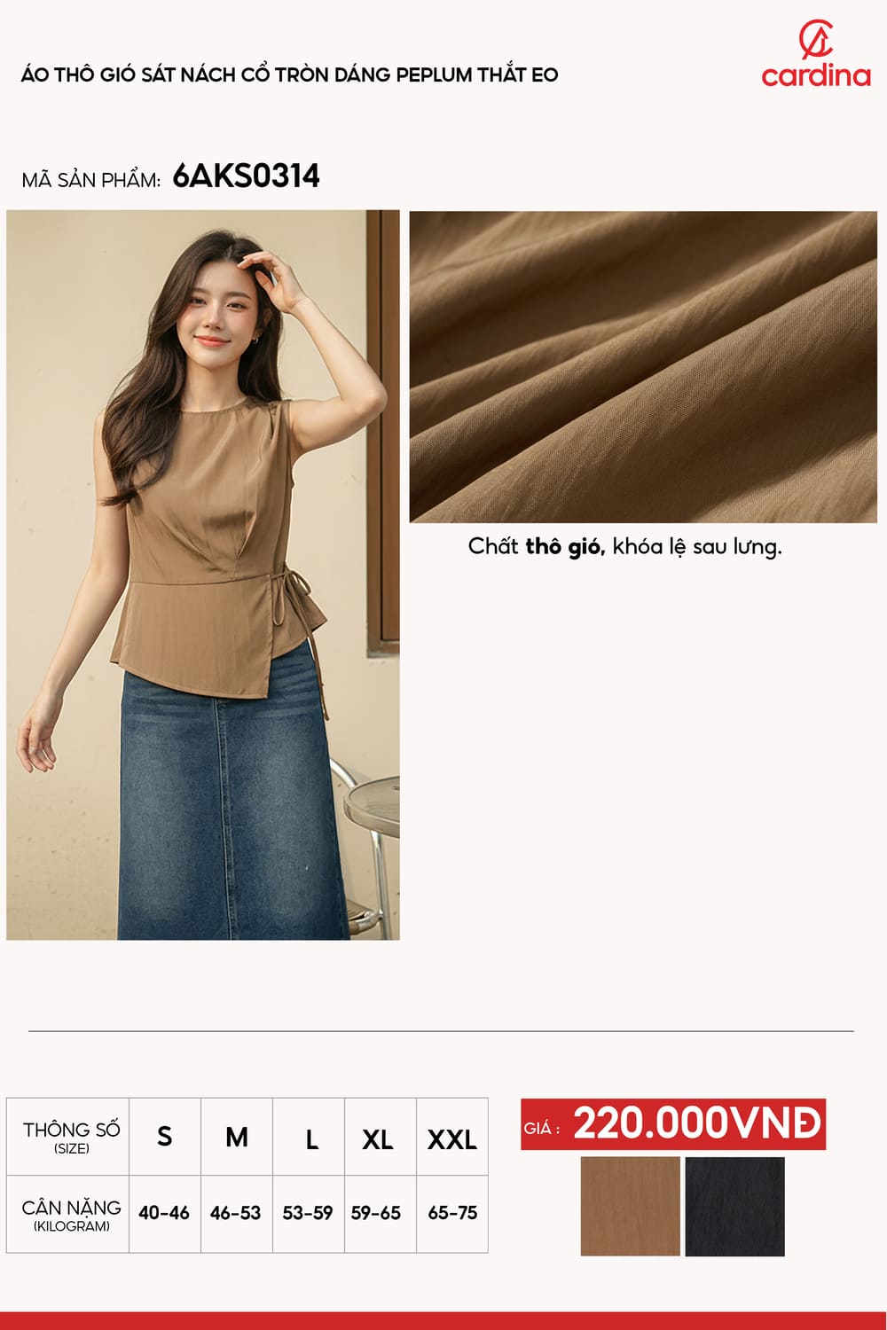 Áo thô gió sát nách cổ tròn dáng Peplum thắt eo tôn dáng