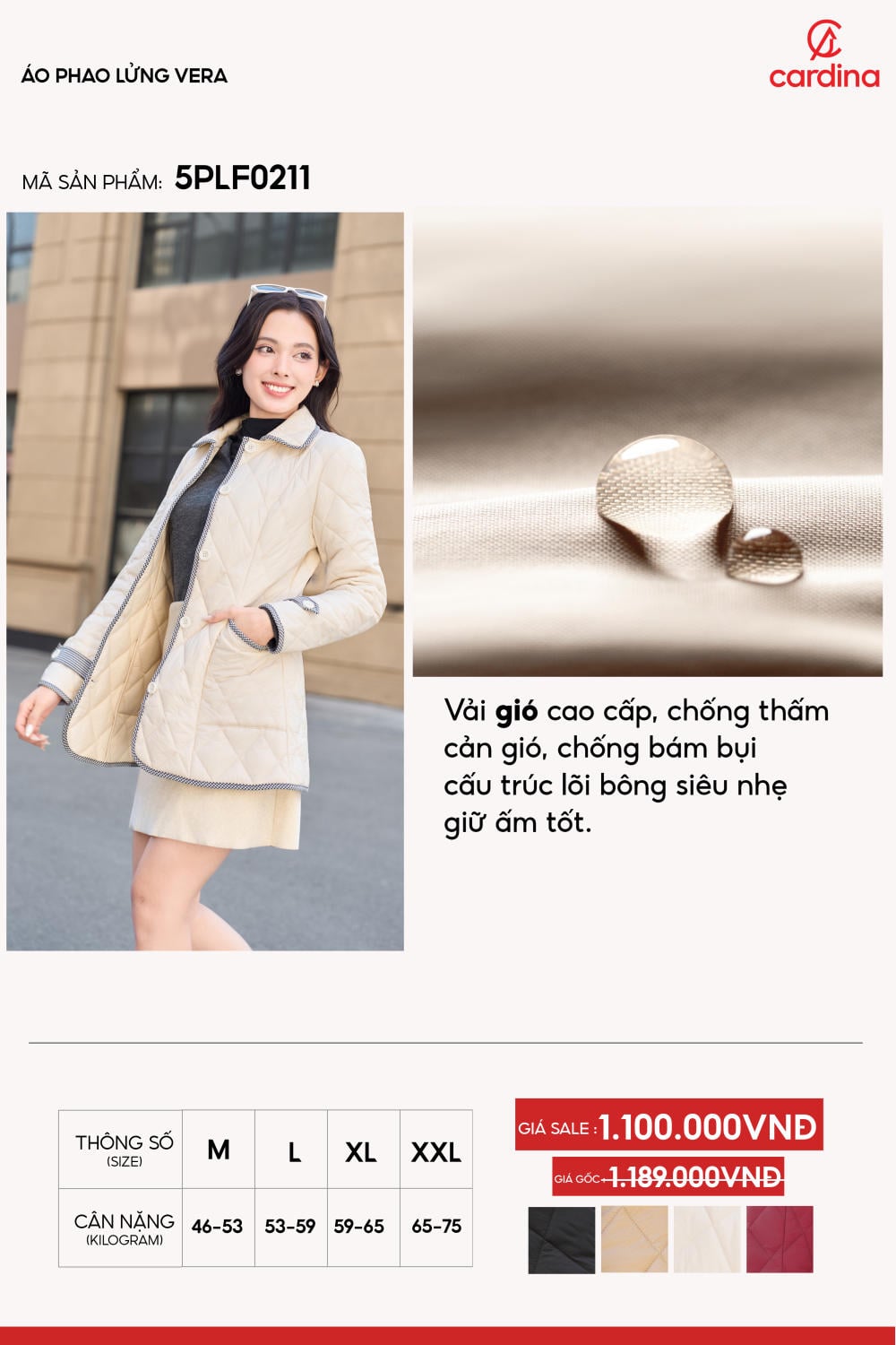 Áo phao gió nữ lõi bông siêu nhẹ dáng lửng Vera