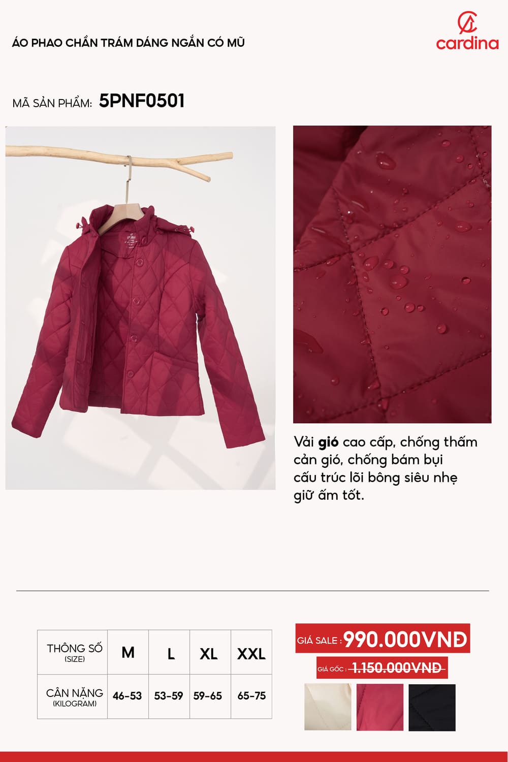 Áo phao nữ Cardina chần trám dáng ngắn có mũ