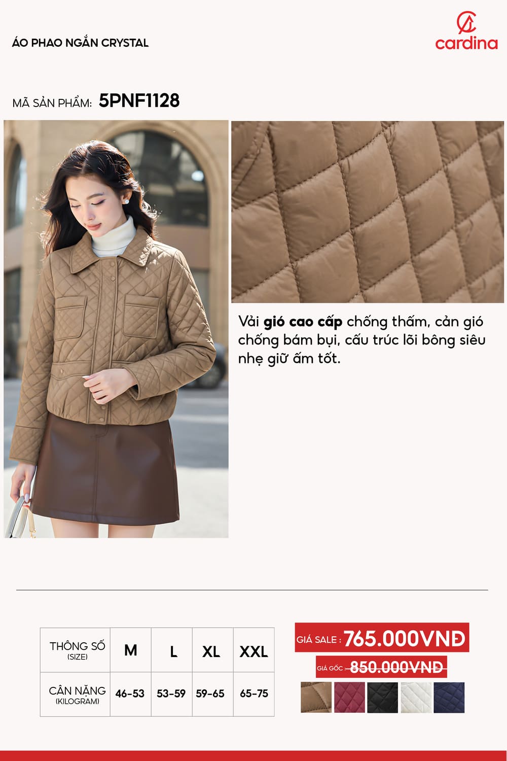 Áo phao nữ Crystal vải gió cao cấp chần họa tiết quả trám