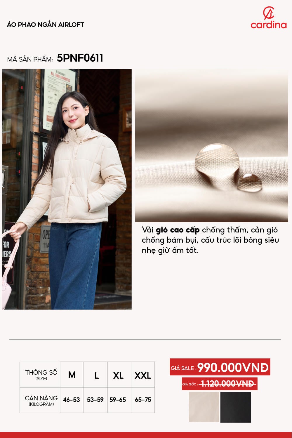 Áo phao nữ vải gió cao cấp dáng ngắn công nghệ Airloft