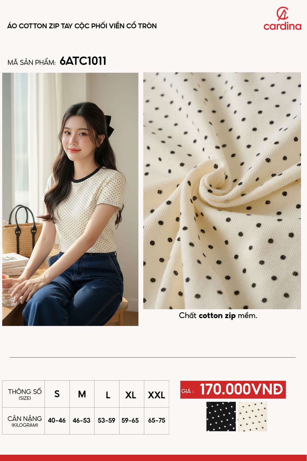 Áo phông Cotton Zip phối viền cổ tròn họa tiết chấm bi