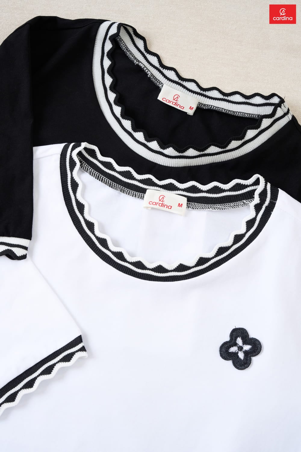 Áo phông nữ cotton tay cộc cổ tròn phối viền sóng