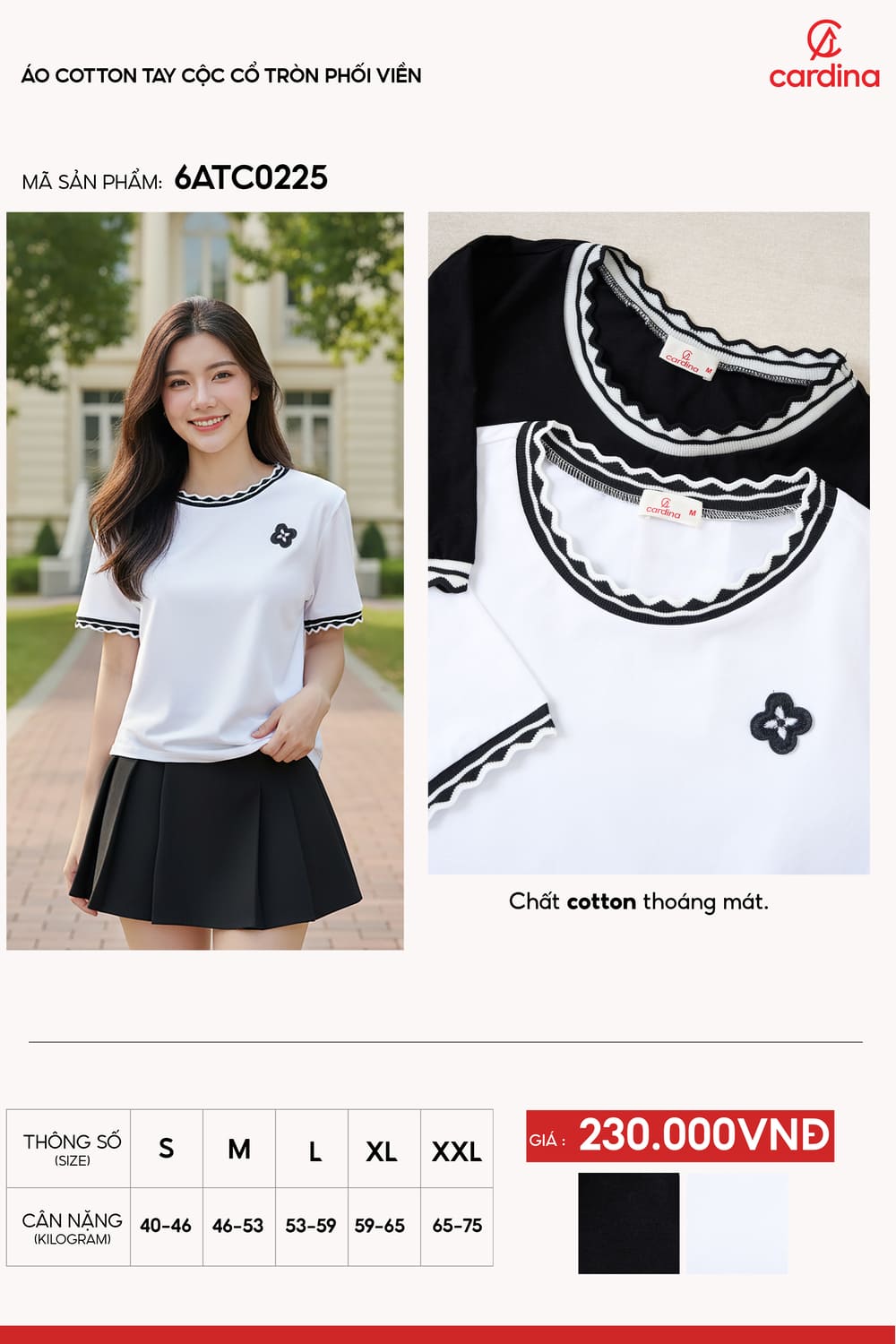 Áo phông nữ cotton tay cộc cổ tròn phối viền sóng