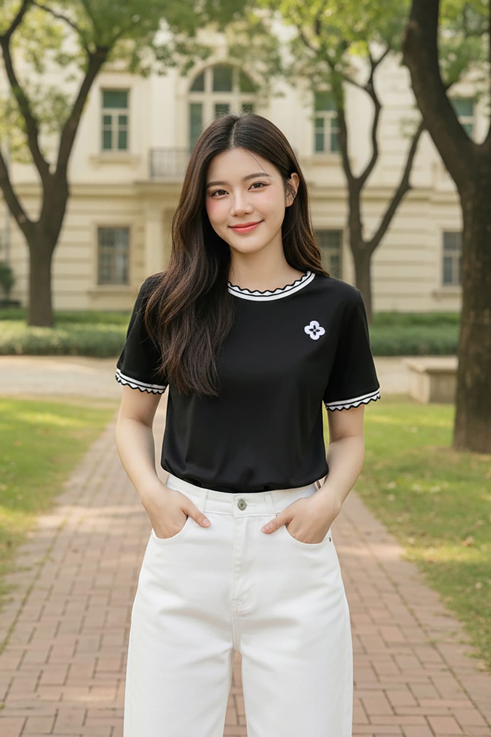 Áo phông nữ cotton tay cộc cổ tròn phối viền sóng