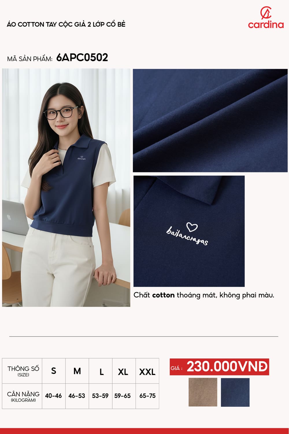 Áo Cotton tay cộc giả 2 lớp cổ bẻ thêu chữ ngực