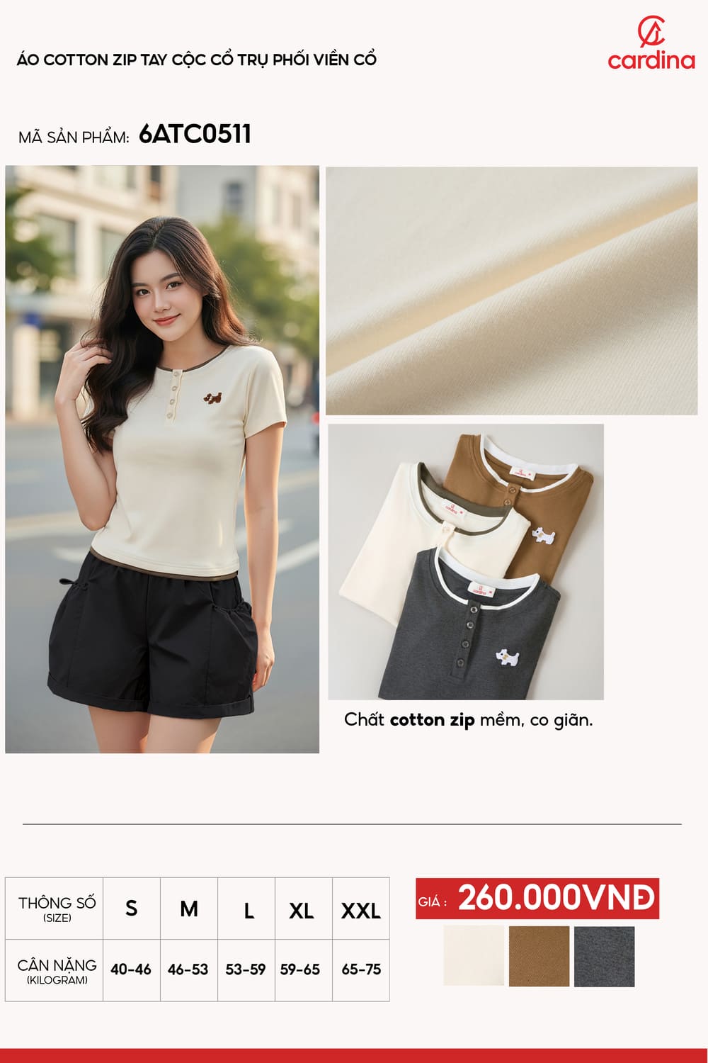 Áo thun Cotton Zip tay cộc cổ trụ phối viền