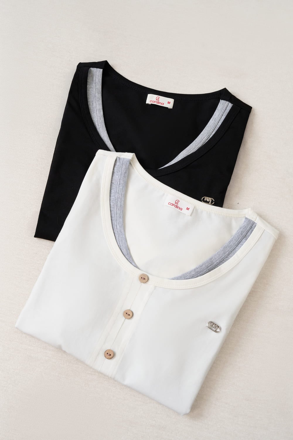 Áo cotton tay cộc cổ tròn thiết kế phối giả 2 lớp trẻ trung