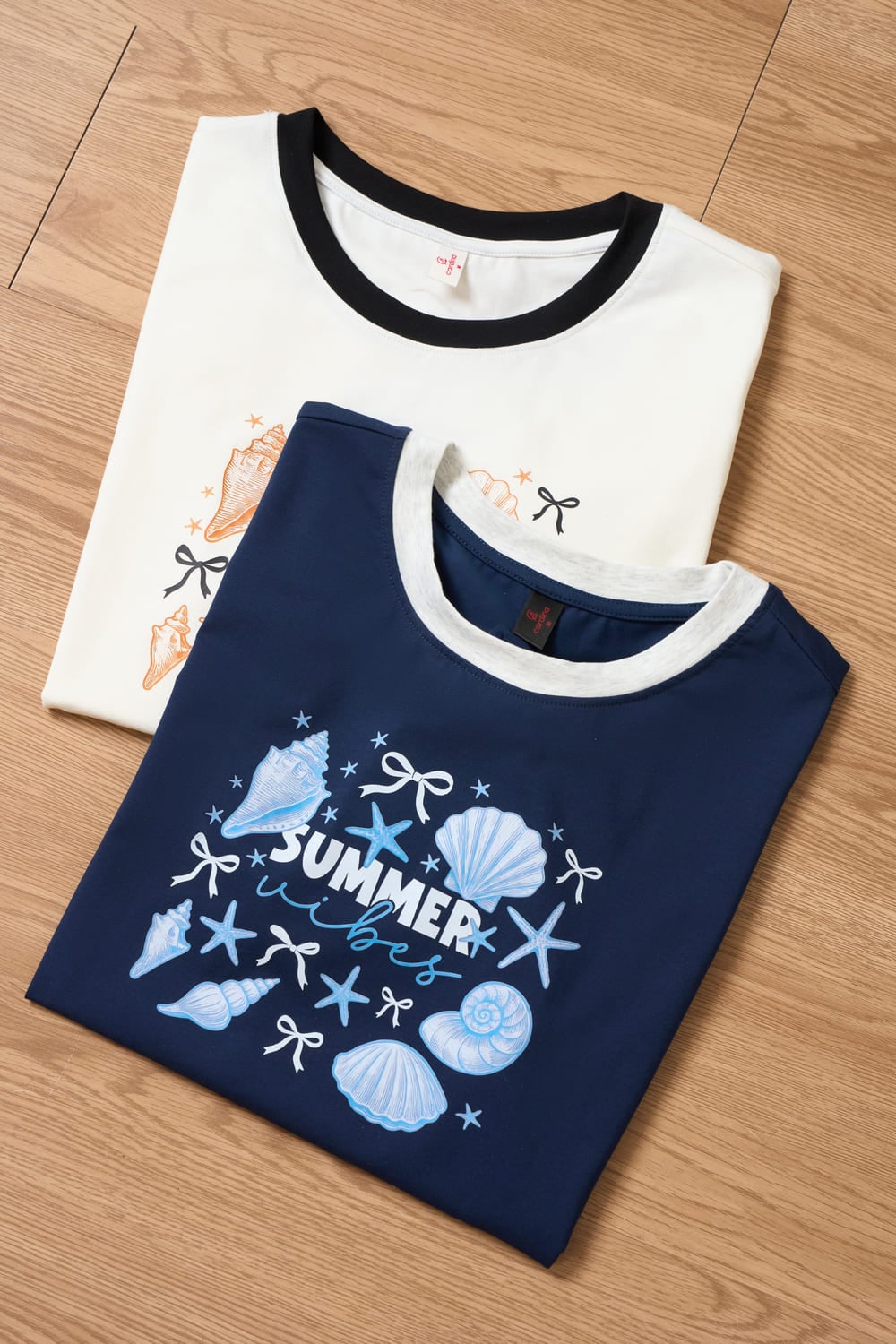 Áo phông Cotton tay cộc cổ tròn viền phối họa tiết Summer