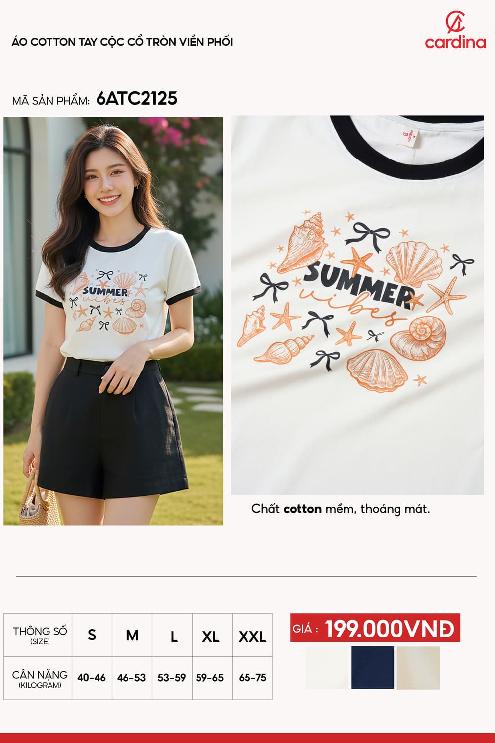 Áo phông Cotton tay cộc cổ tròn viền phối họa tiết Summer