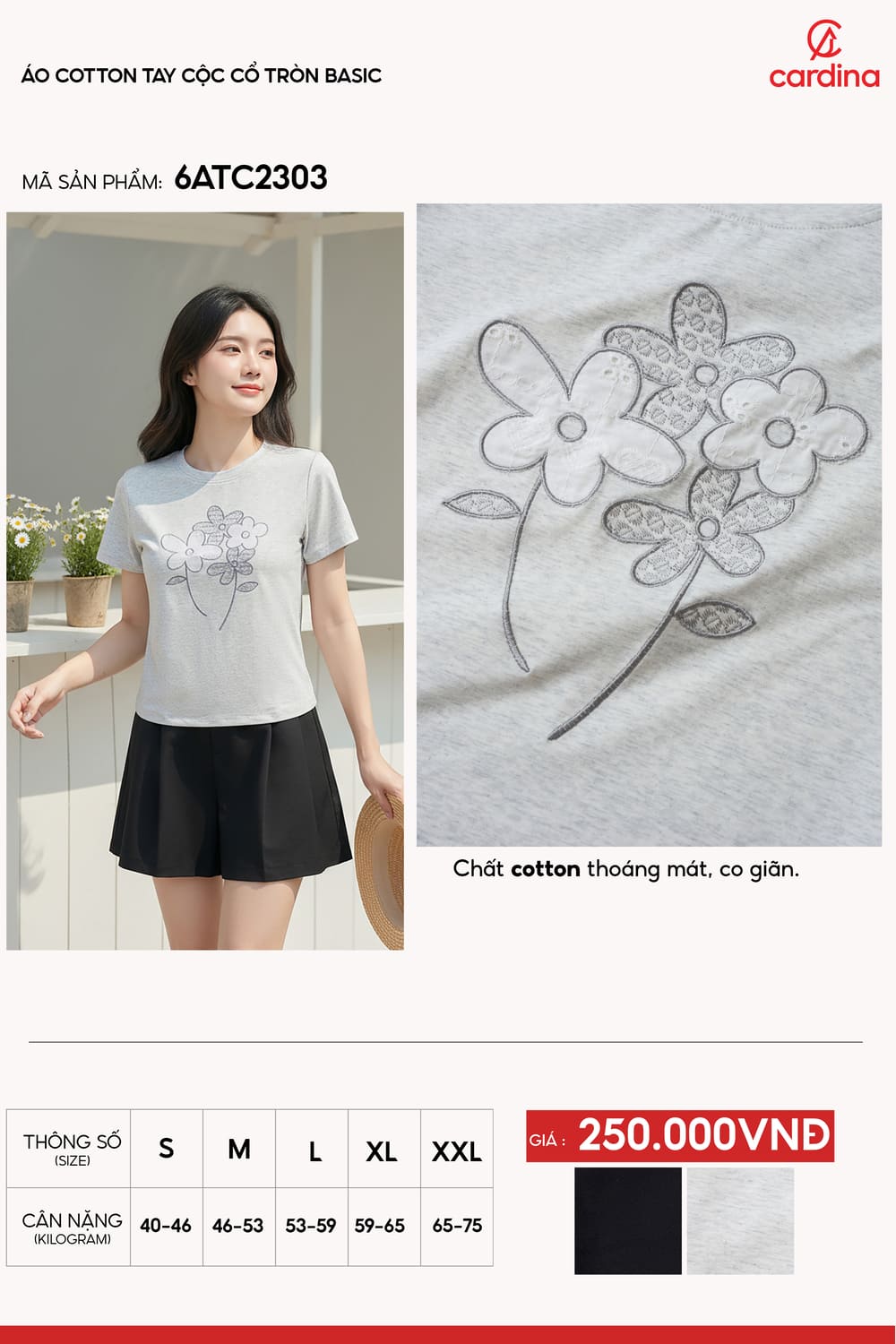 Áo thun nữ Cotton tay cộc cổ tròn Basic họa tiết hoa in