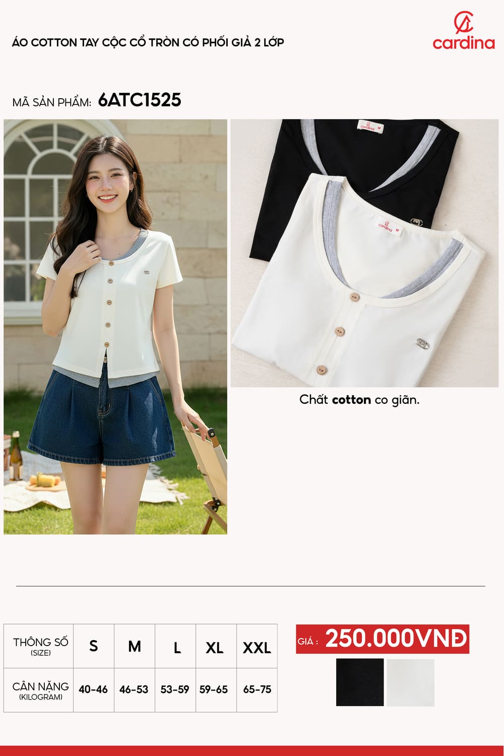 Áo cotton tay cộc cổ tròn thiết kế phối giả 2 lớp trẻ trung