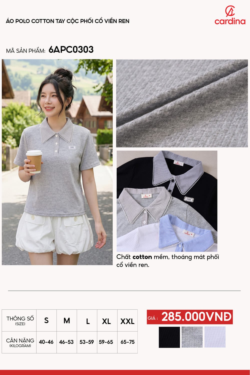 Áo Polo Cotton tay cộc phối cổ viền ren kẻ sọc