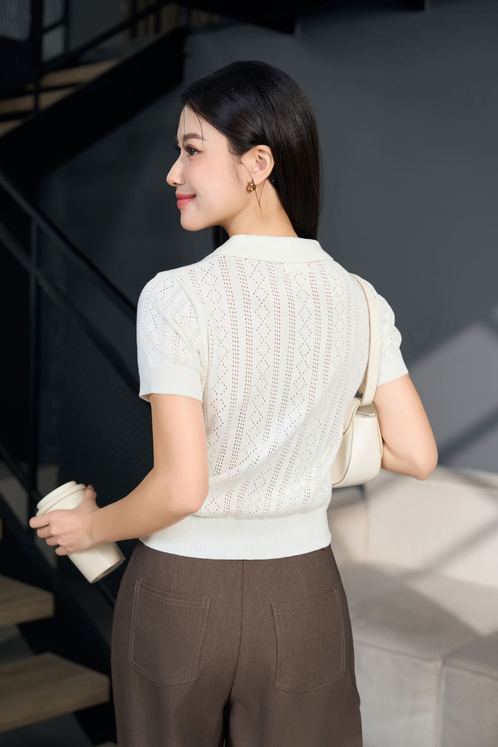 Áo len cotton dệt kim tay cộc cổ Polo họa tiết trám