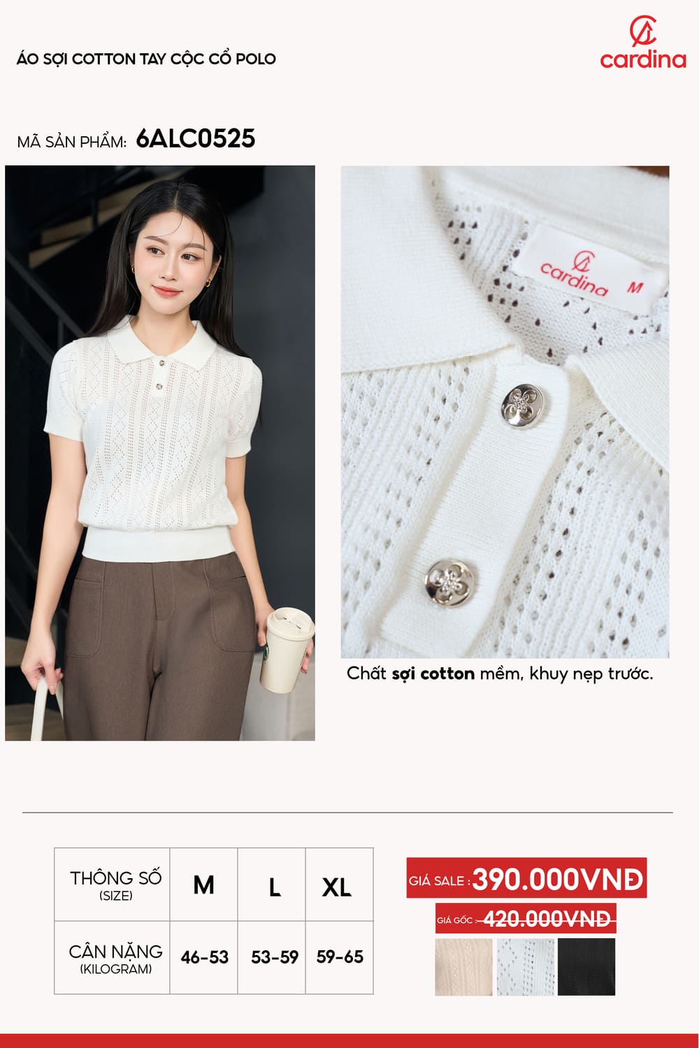 &Aacute;o len cotton dệt kim tay cộc cổ Polo họa tiết tr&aacute;m