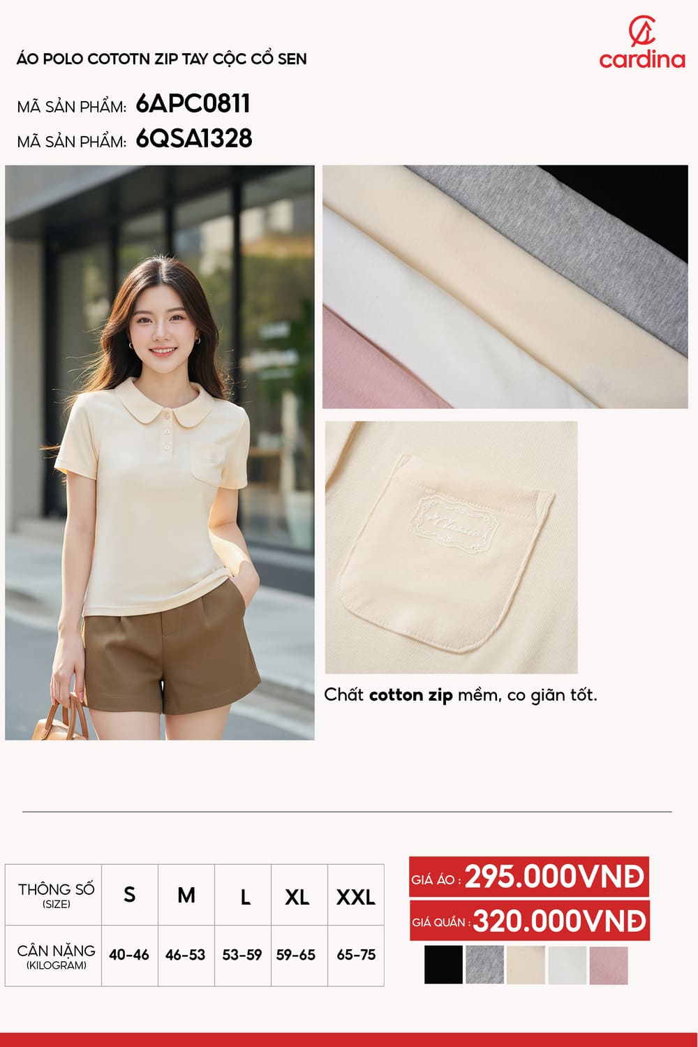 Áo Polo Cotton Zip tay cộc cổ sen túi ngực Classic