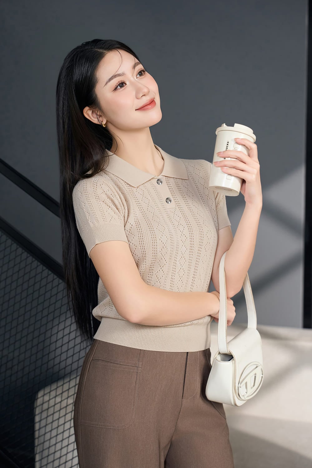 Áo len cotton dệt kim tay cộc cổ Polo họa tiết trám