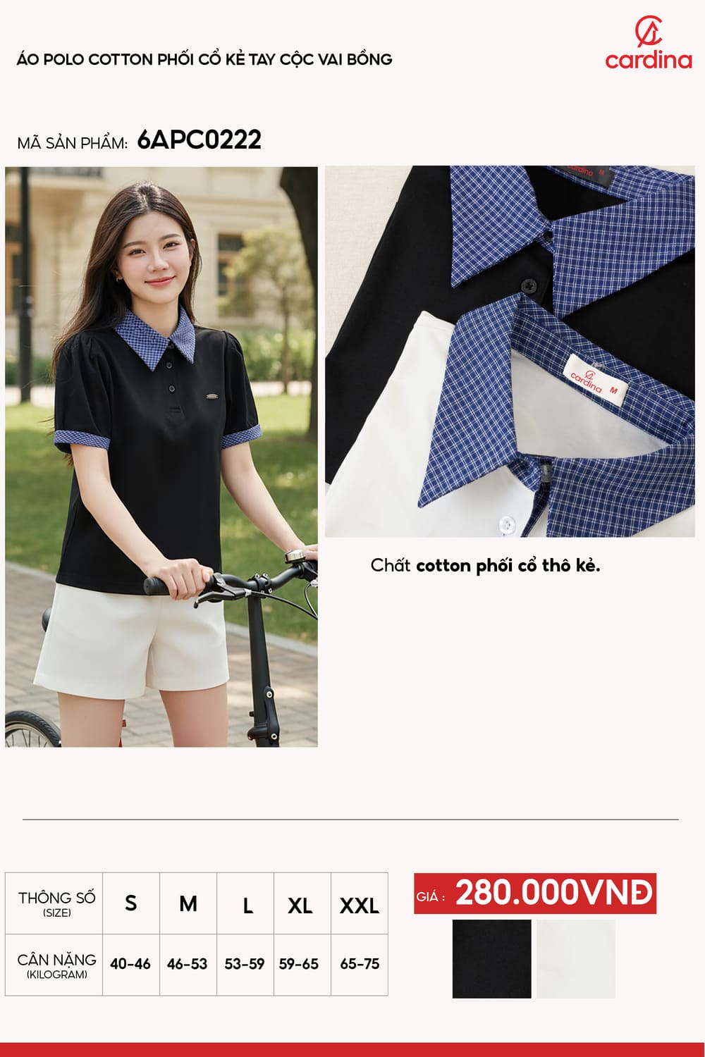 Áo polo cotton phối cổ kẻ tay cộc vai bồng