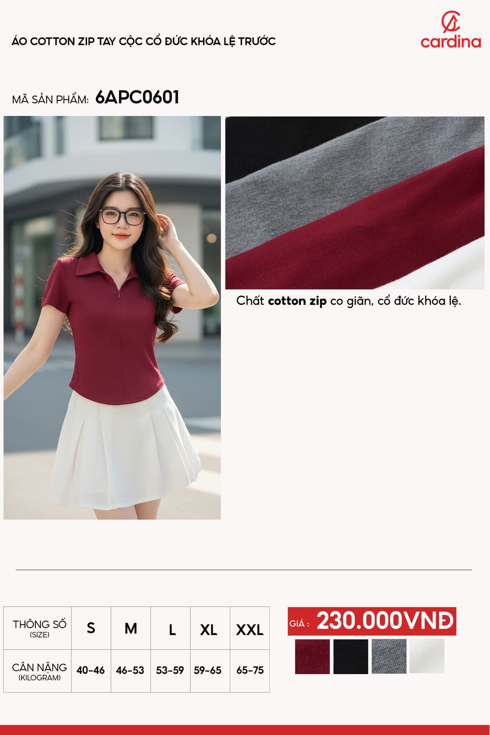 Áo thun nữ Cotton Zip cổ đức khóa lệ tay cộc