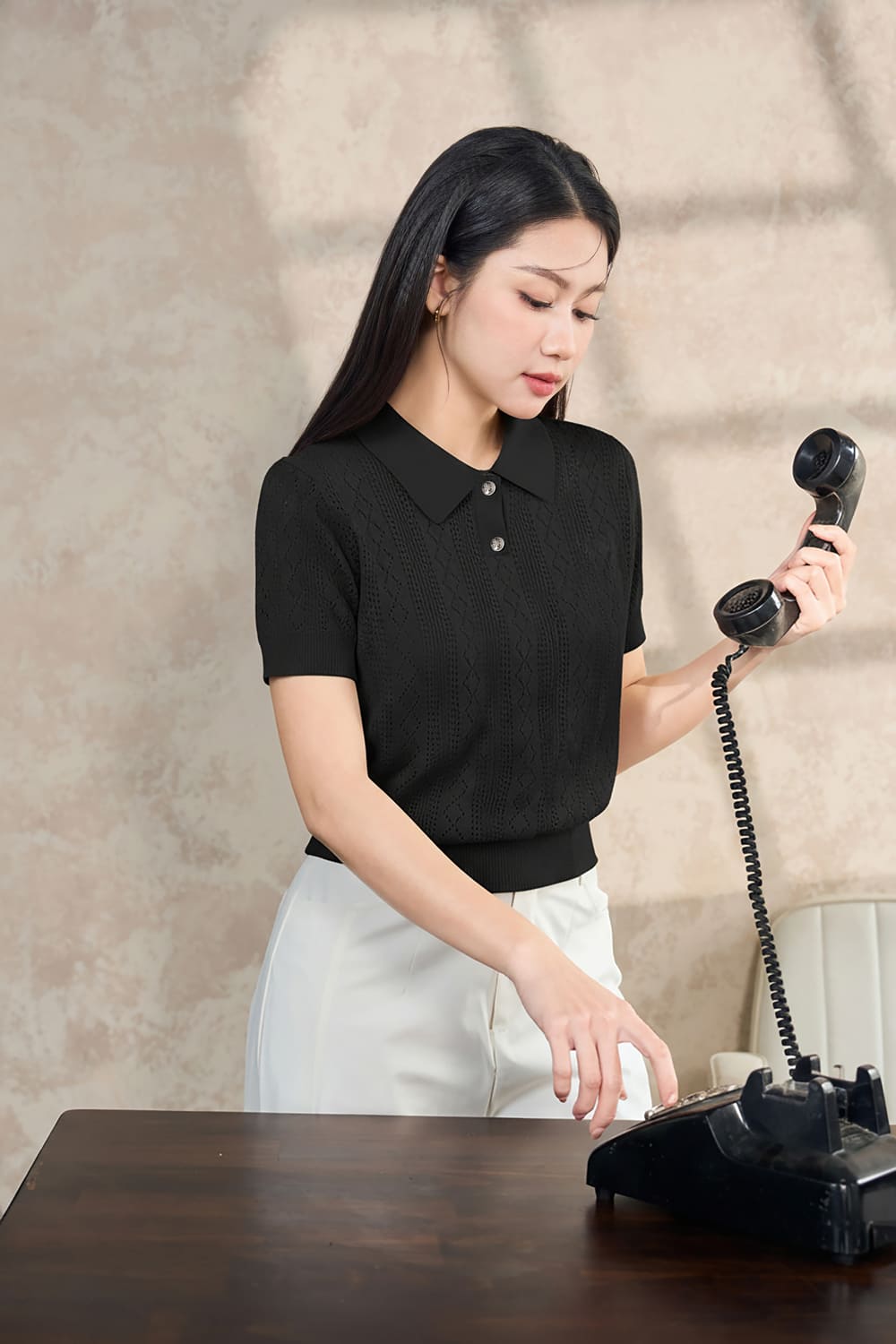 Áo len cotton dệt kim tay cộc cổ Polo họa tiết trám