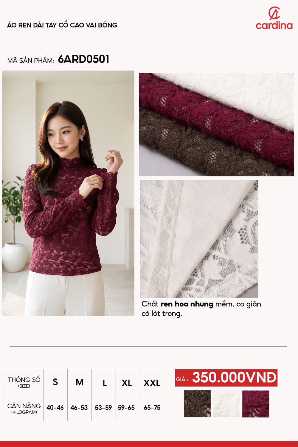 Áo ren dài tay cổ cao vai bồng.
