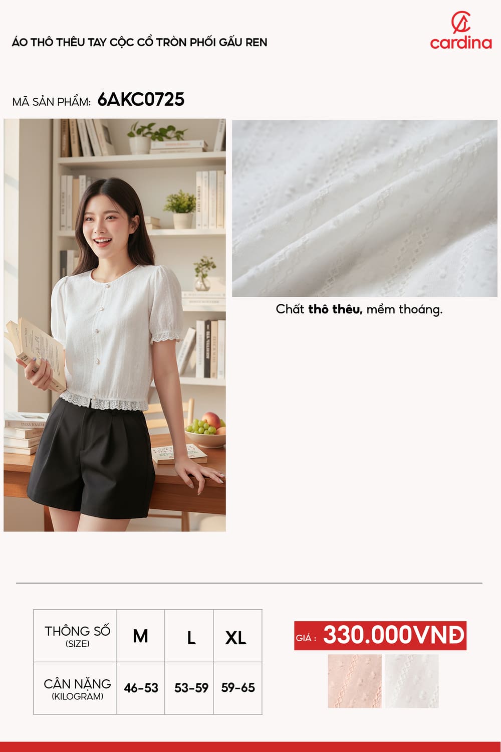 Áo thô thêu tay cộc cổ tròn phối gấu ren điệu đà