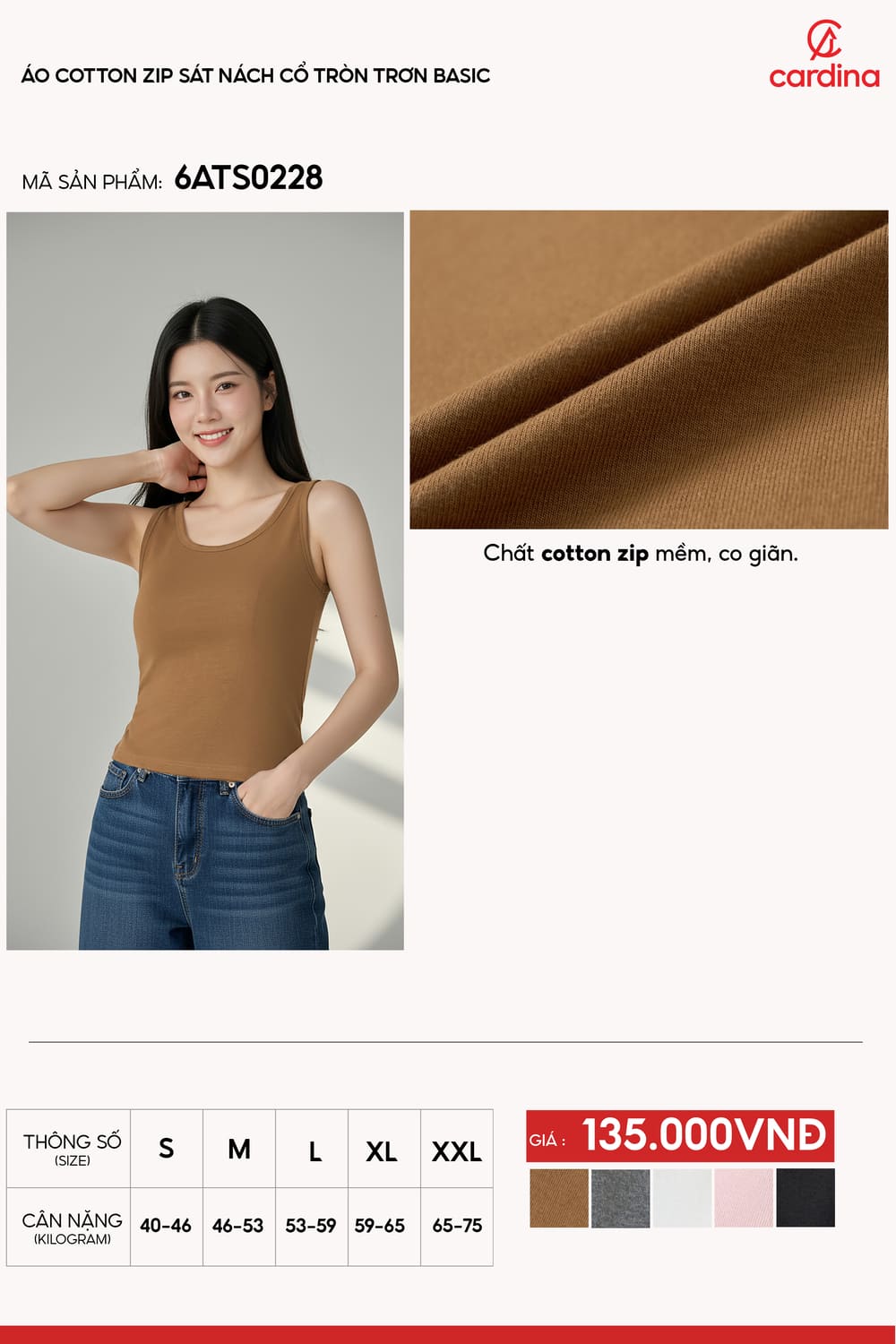 Áo ba lỗ nữ Cotton Zip cổ tròn dáng ôm Basic