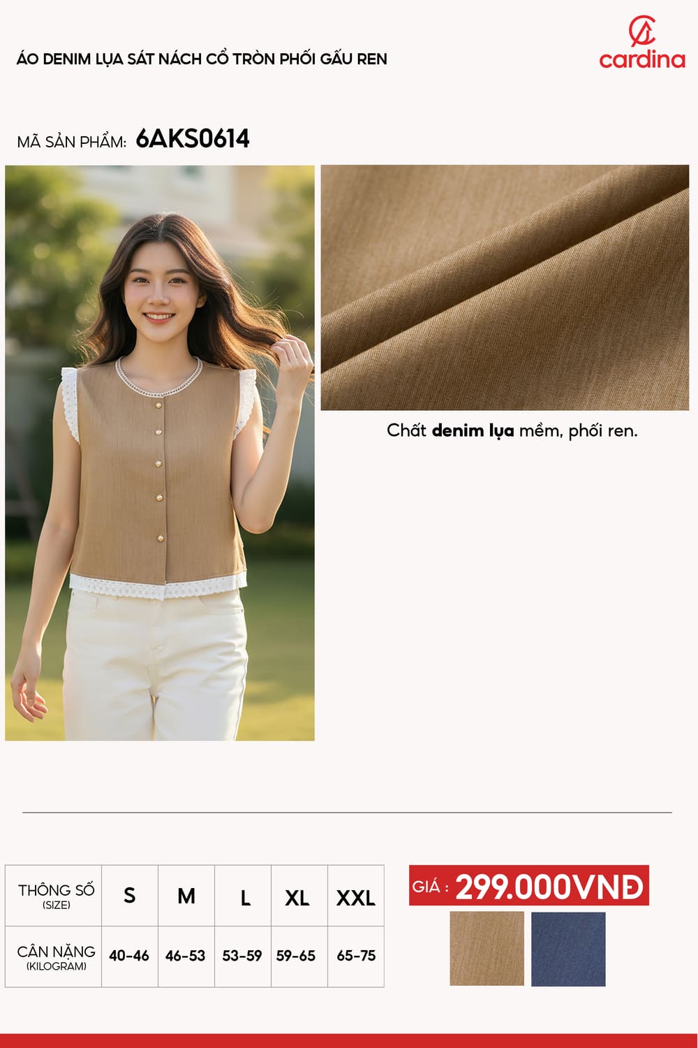 Áo Denim lụa sát nách cổ tròn phối gấu ren điệu đà