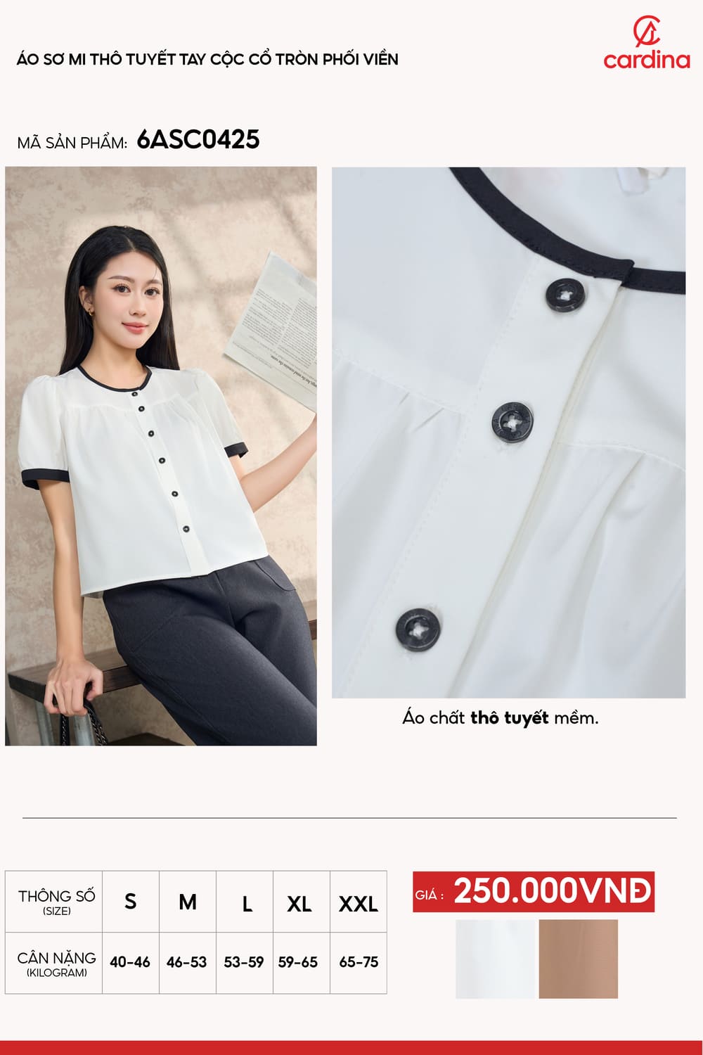 Áo sơ mi thô tuyết cổ tròn phối viền tay bồng