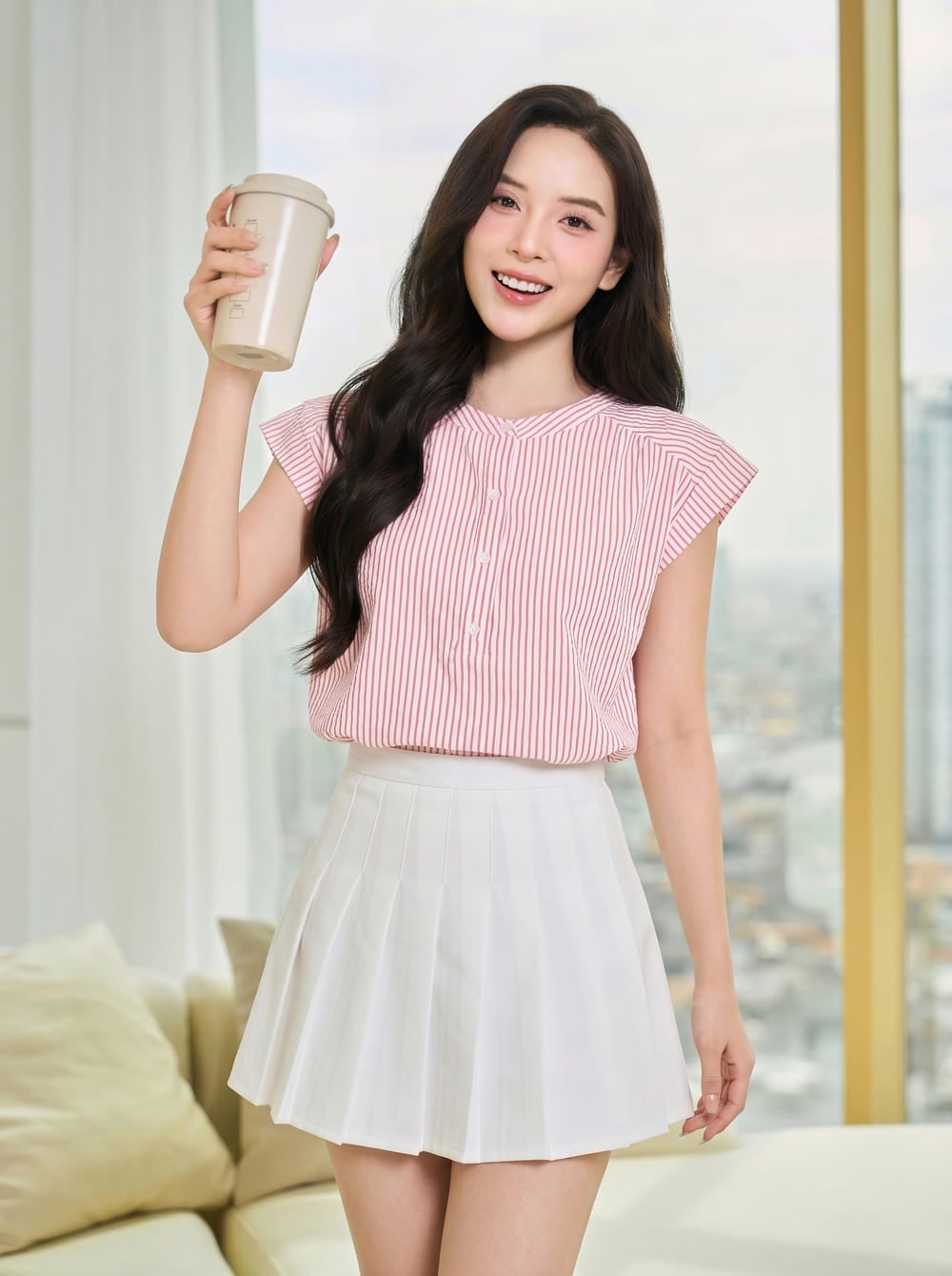Áo sơ mi thô kẻ tay hến cổ trụ
