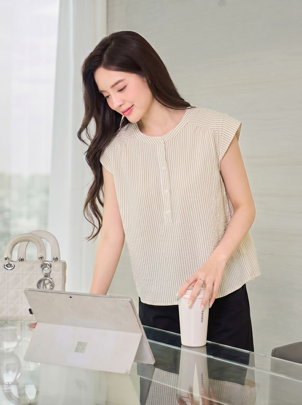 Áo sơ mi thô kẻ tay hến cổ trụ