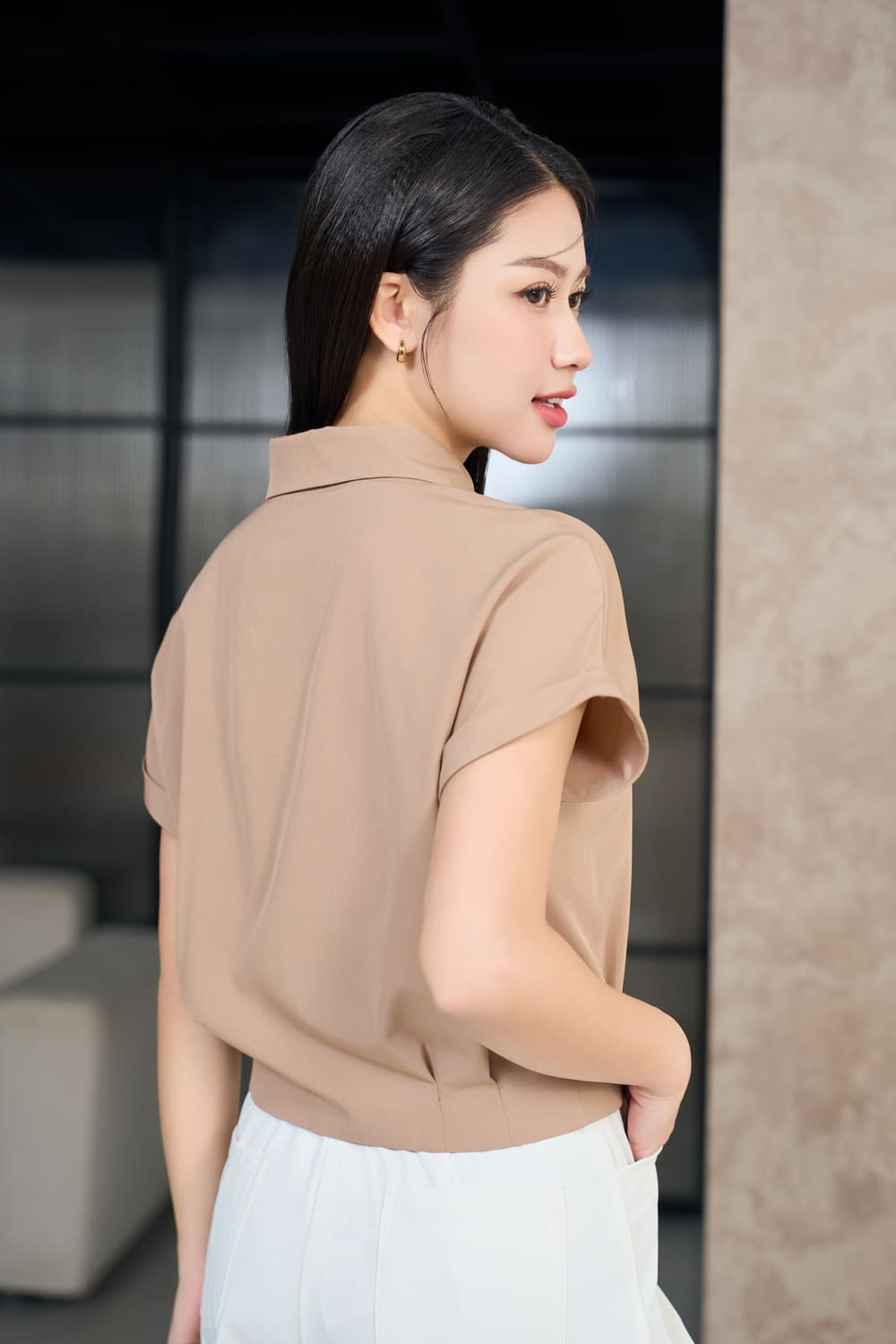 Áo sơ mi nữ thô tuyết tay liền cổ đức gấu bo