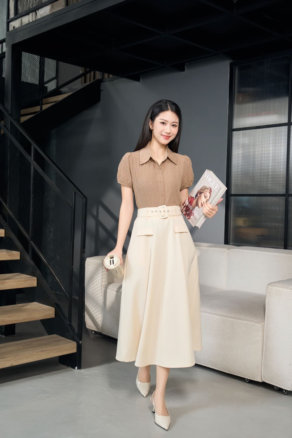 Áo sơ mi thô kẻ tay cộc cổ đức dáng ngắn trẻ trung