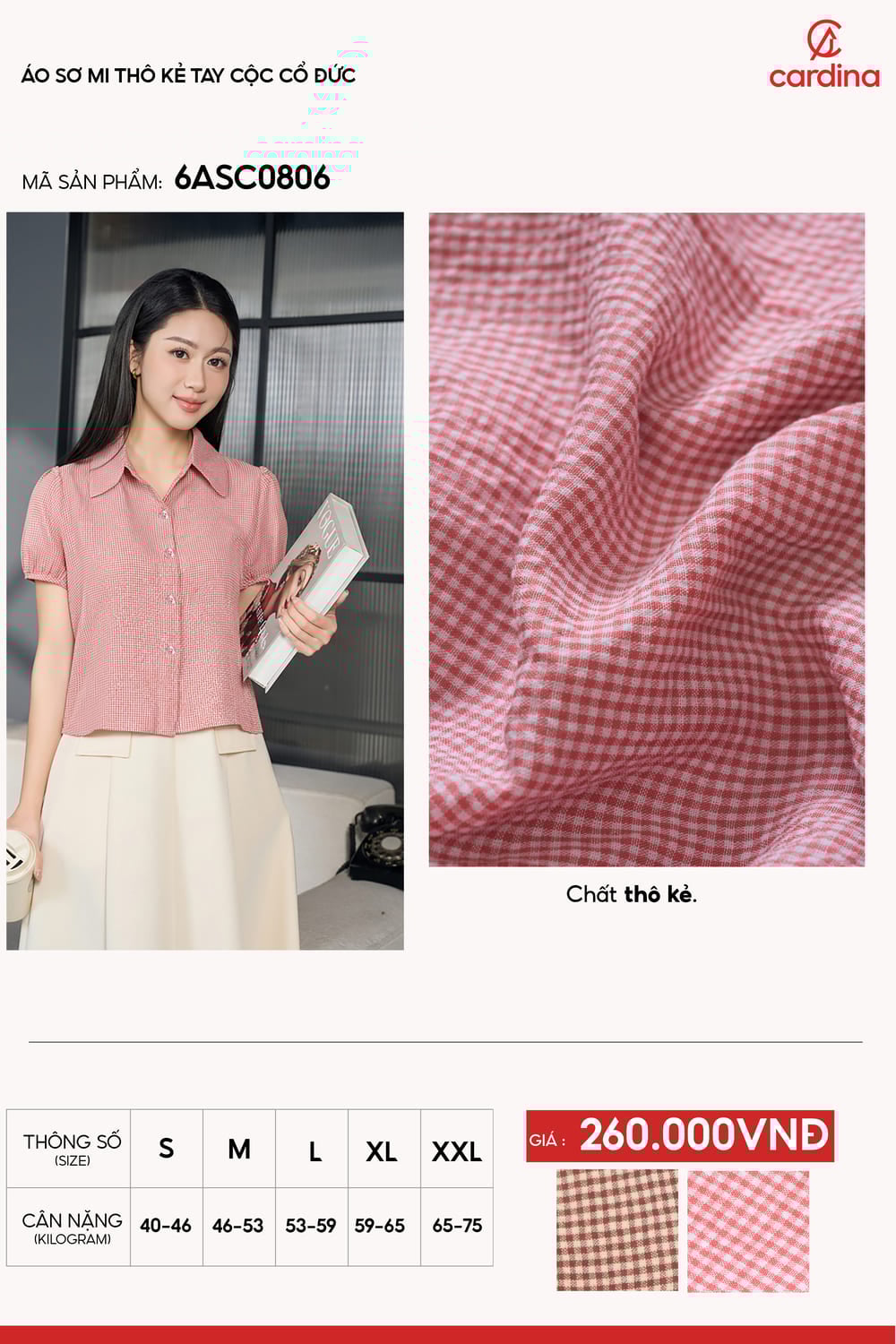 Áo sơ mi thô kẻ tay cộc cổ đức dáng ngắn trẻ trung