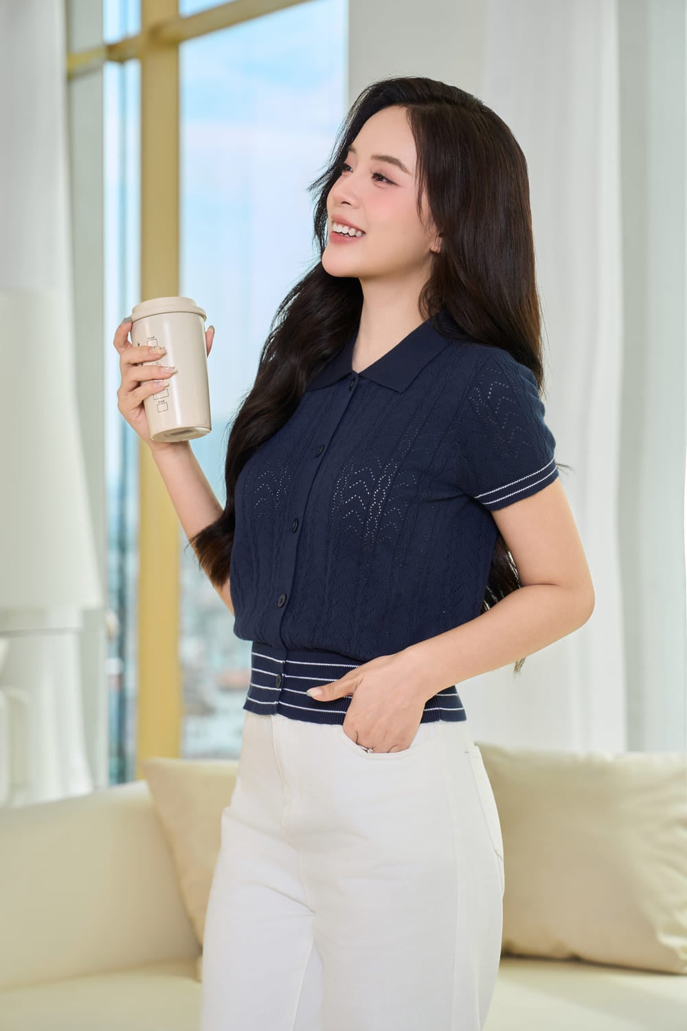 Áo sợi cotton tay cộc cổ đức phối viền gấu