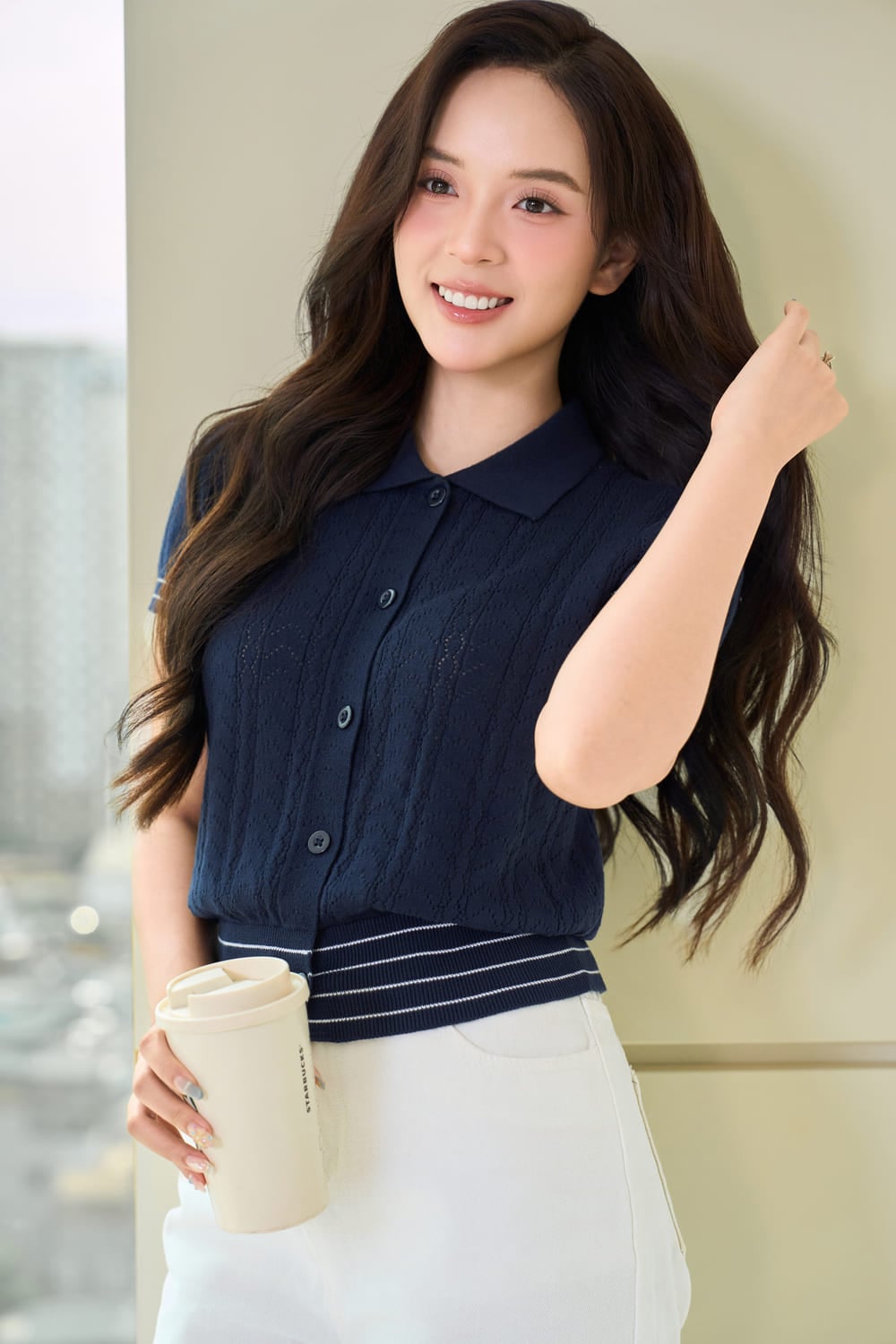 Áo sợi cotton tay cộc cổ đức phối viền gấu