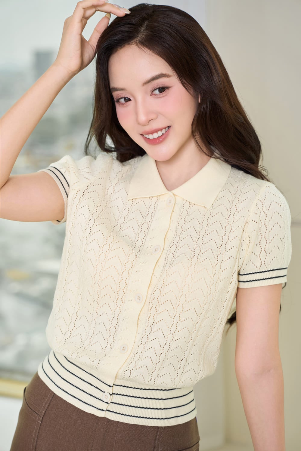 Áo sợi cotton tay cộc cổ đức phối viền gấu