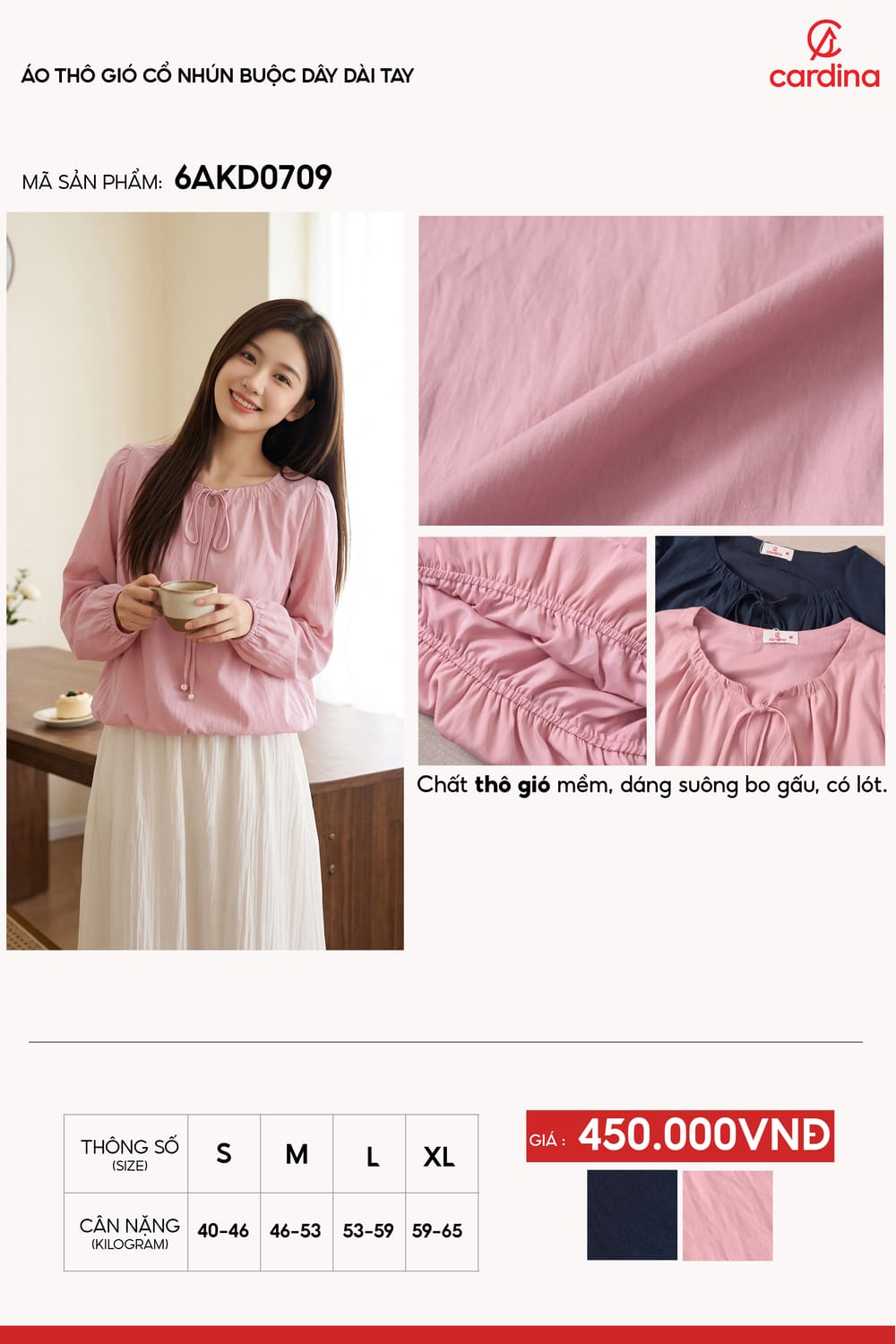 Áo kiểu cổ nhún buộc dây dài tay