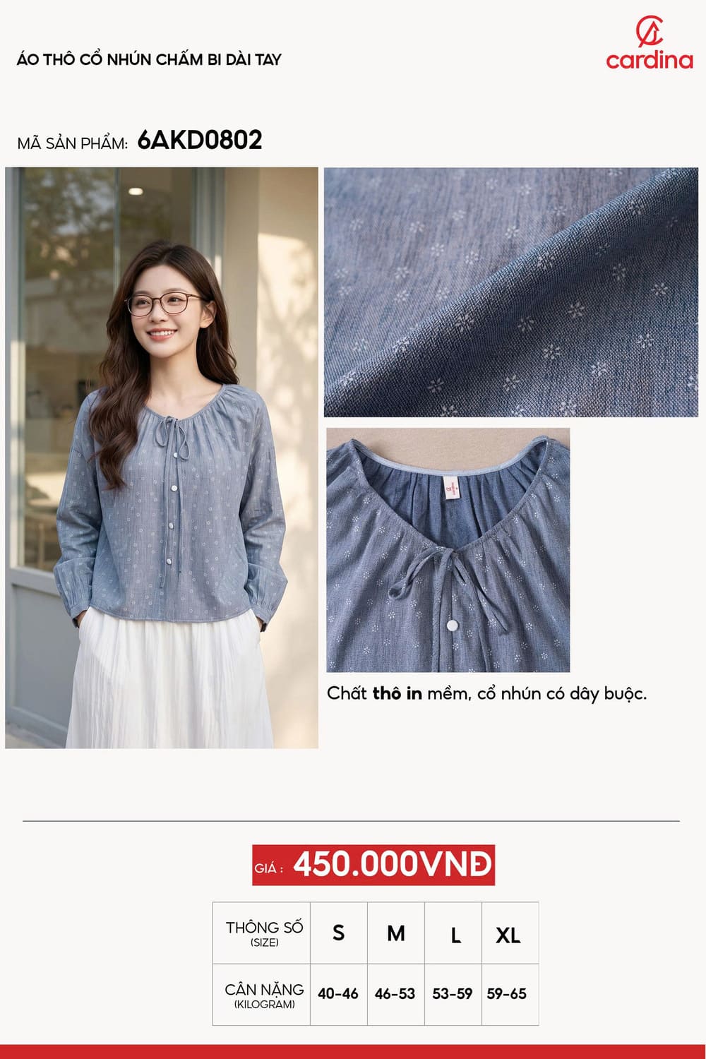 Áo thô gió cổ nhún chấm bi dài tay