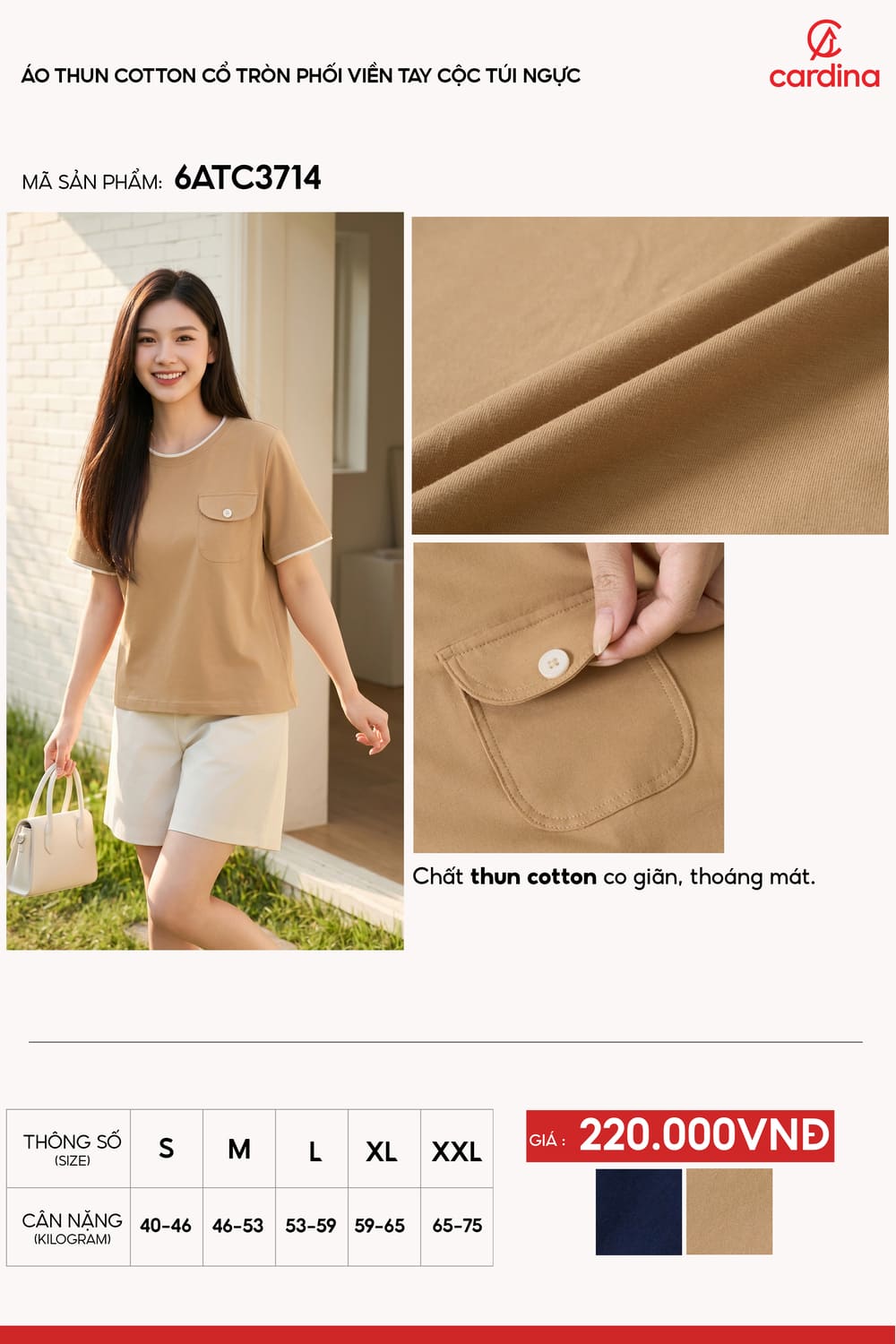 Áo thun cotton cổ tròn phối viền tay cộc túi ngực