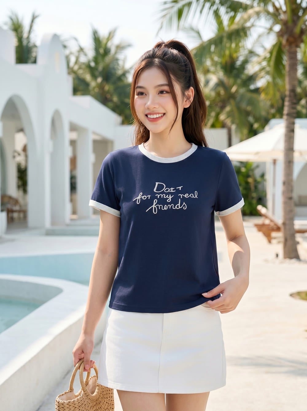 Áo thun cổ tròn tay cộc thêu chữ phối