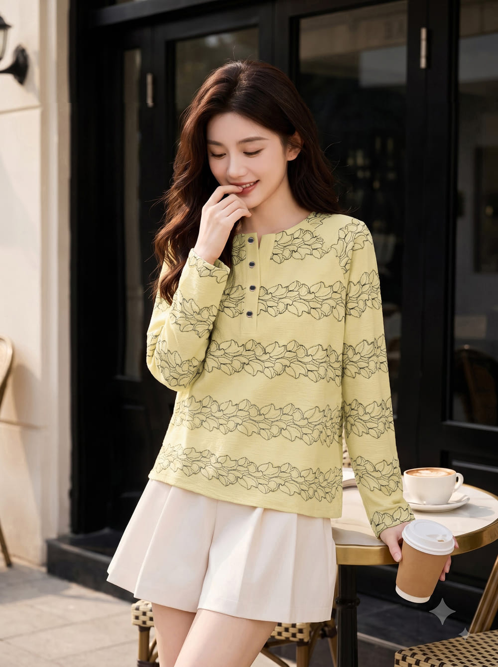 Áo thun dệt dáng suông nẹp cổ mở cài khuy