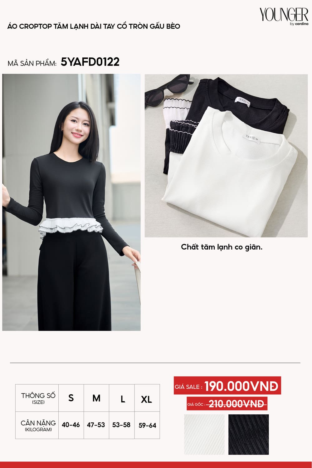 Áo croptop nữ Cardina tăm lạnh dài tay cổ tròn gấu bèo