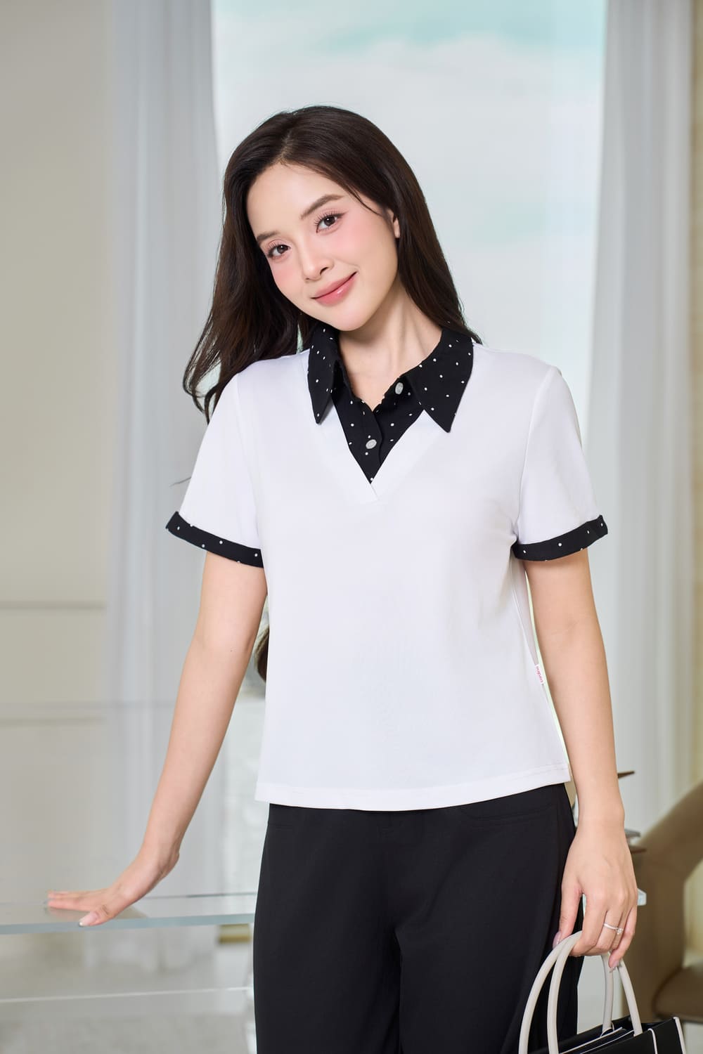 Áo thun polo tay cộc phối cổ giả hai lớp