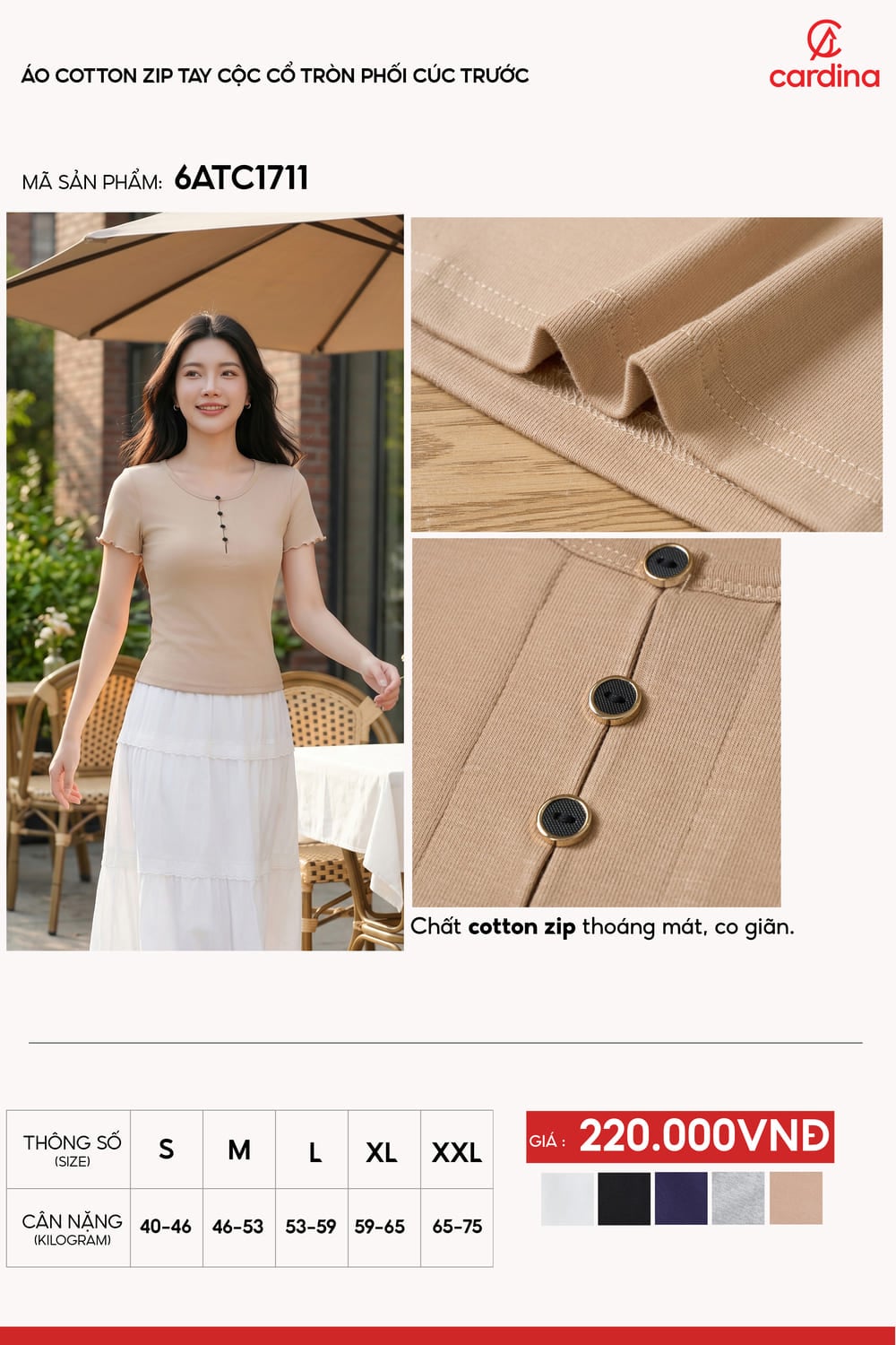 Áo thun nữ Cotton Zip tay cộc cổ tròn phối cúc trước
