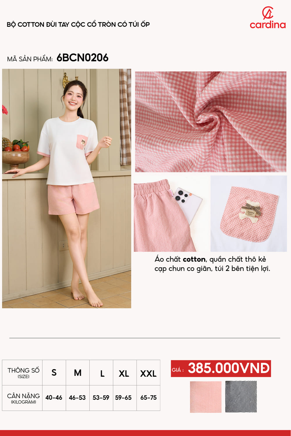 Bộ đồ mặc nhà Cotton phối quần thô kẻ caro túi ốp gấu