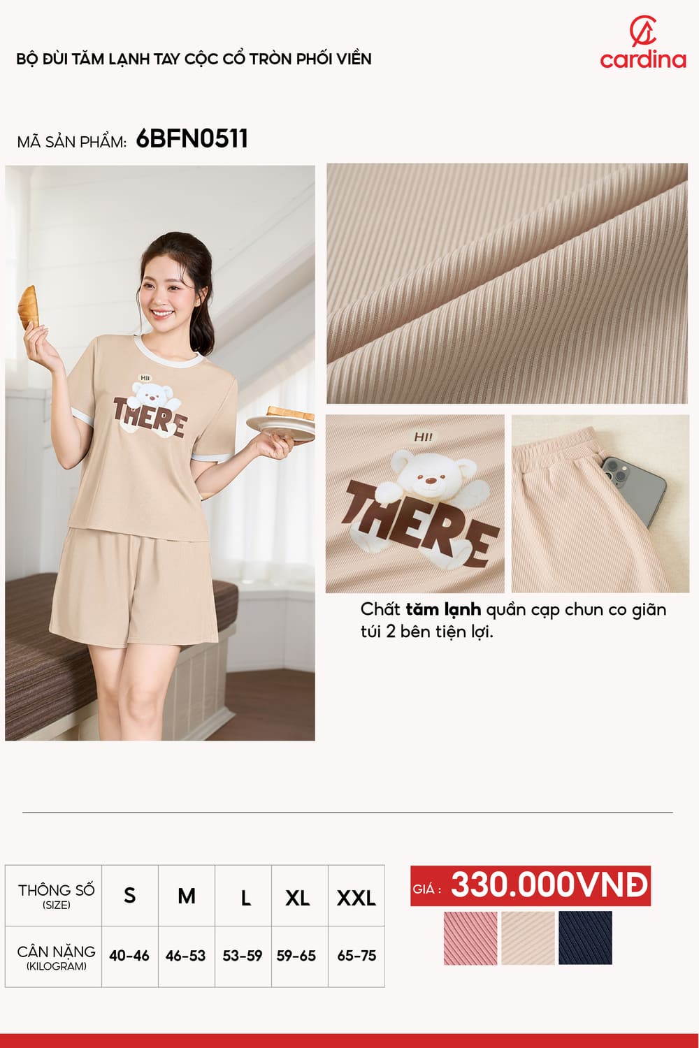 Bộ đồ đùi nữ vải tăm lạnh tay cộc cổ tròn phối viền in hình gấu