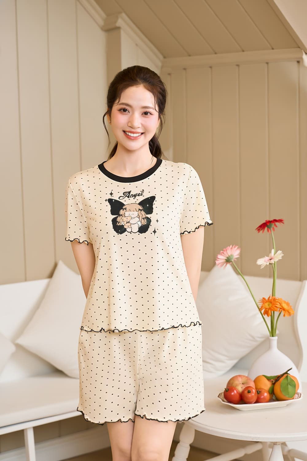 Bộ đùi Cotton Zip in họa tiết cổ tròn gấu bèo