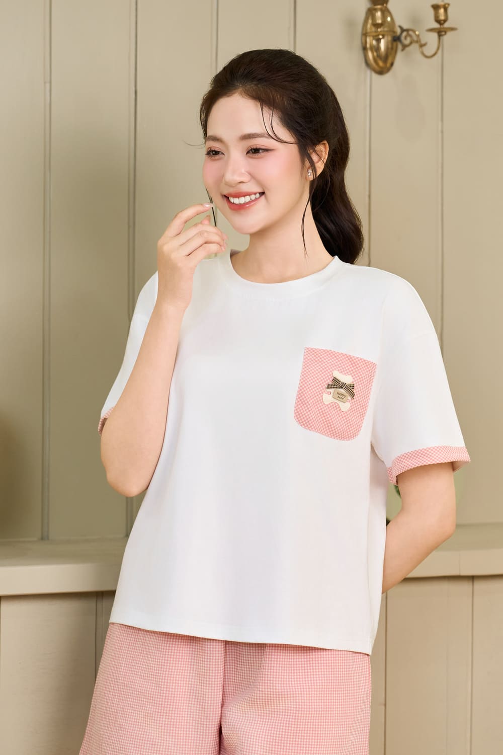 Bộ đồ mặc nhà Cotton phối quần thô kẻ caro túi ốp gấu